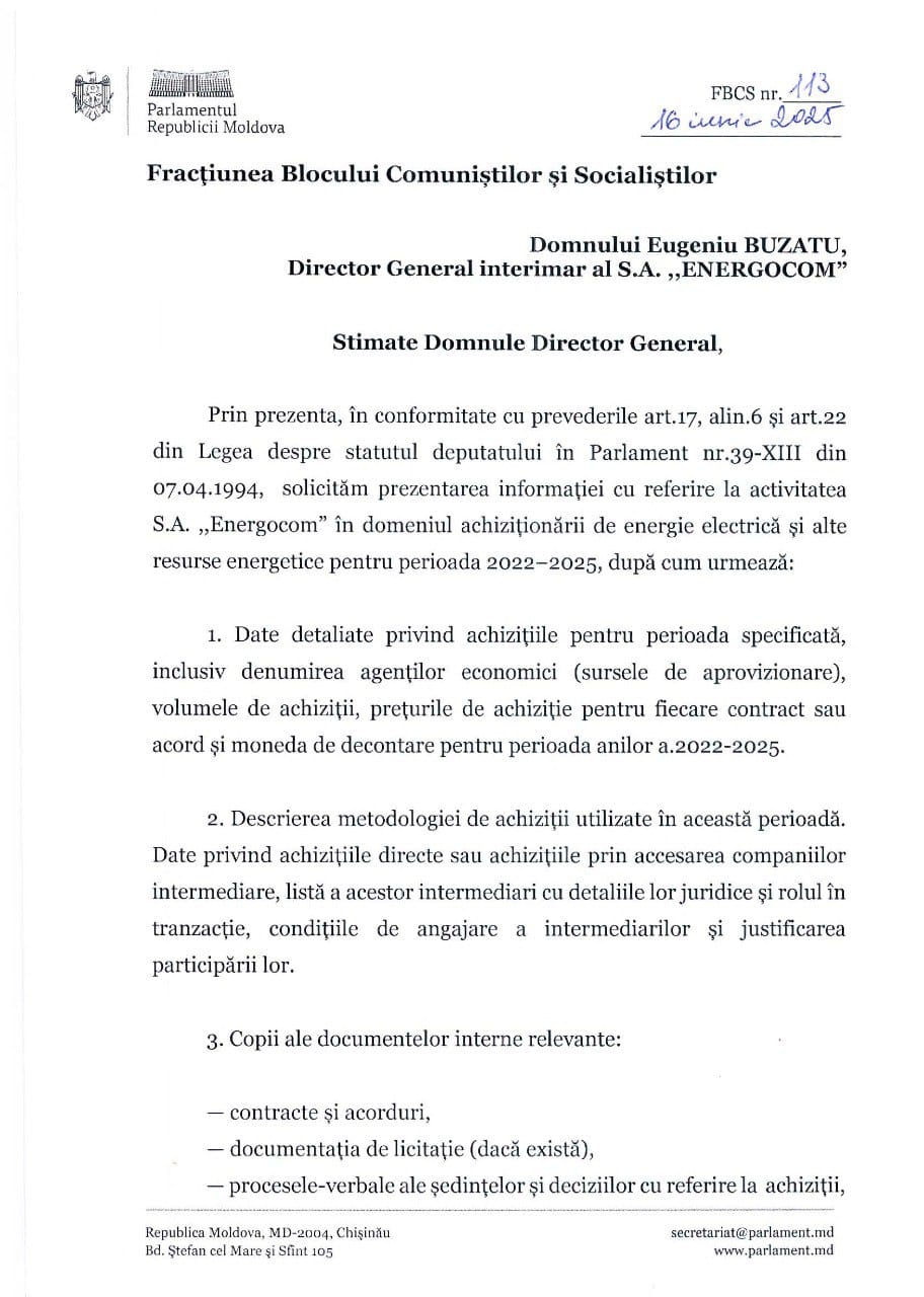 DOC// PSRM solicită explicații de la organele de resort privind achizițiile netransparente de gaze naturale