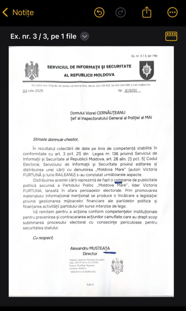 DOC// Cartea „Moldova Mare” ar fi fost confiscată în baza unui document falsificat. Victoria Furtună a depus plângere