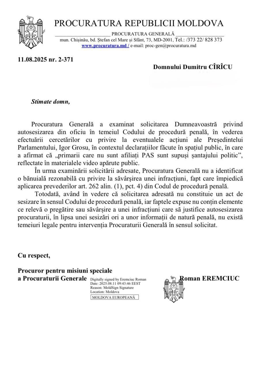 DOC// Procuratura Generală refuză să se autosesizeze după declarațiile lui Igor Grosu despre „încordarea” primarilor